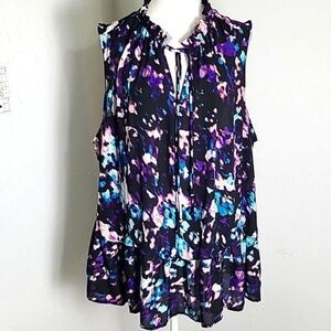 Boutique Sleeveless Colorful Top, Ruffled Stand-up Collar with Tie, Size 2X